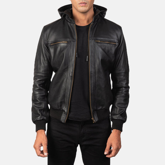 Bouncer Biz Black Leather Bomber Jacket - men's jacket in black cowhide leather, view 1