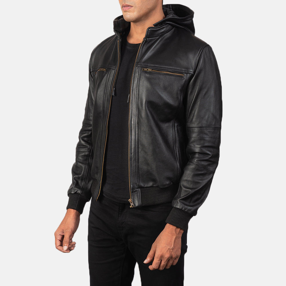 Bouncer Biz Black Leather Bomber Jacket - men's jacket in black cowhide leather, view 2