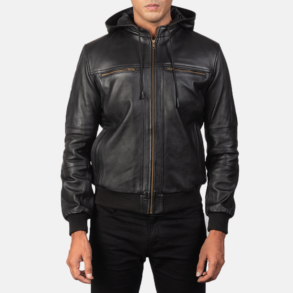 Bouncer Biz Black Leather Bomber Jacket - men's jacket in black cowhide leather, view 3