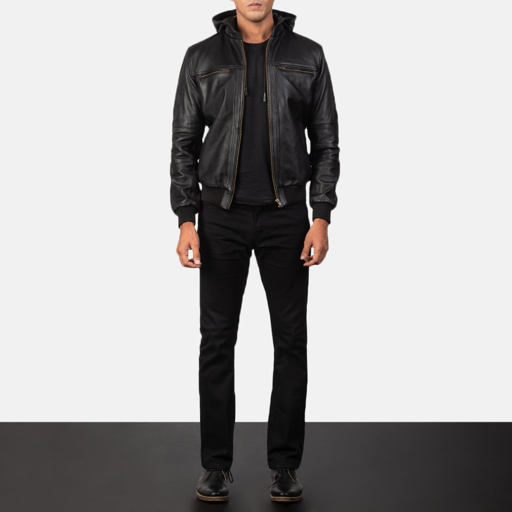 Bouncer Biz Black Leather Bomber Jacket - men's jacket in black cowhide leather, view 4