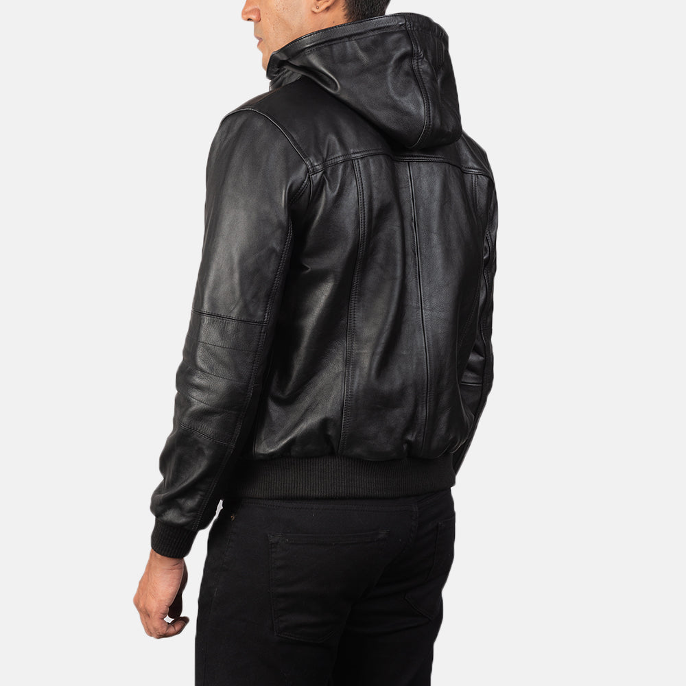 Bouncer Biz Black Leather Bomber Jacket - men's jacket in black cowhide leather, view 5