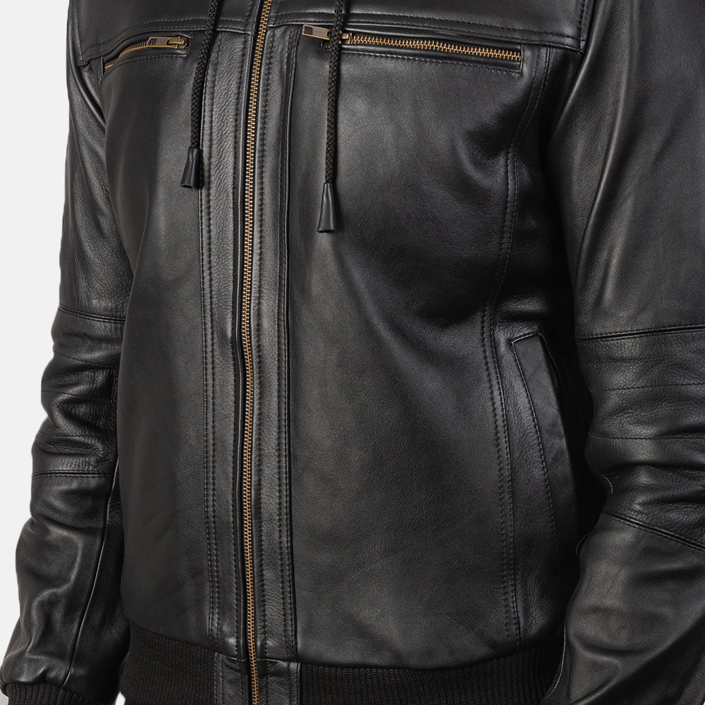 Bouncer Biz Black Leather Bomber Jacket - men's jacket in black cowhide leather, view 6