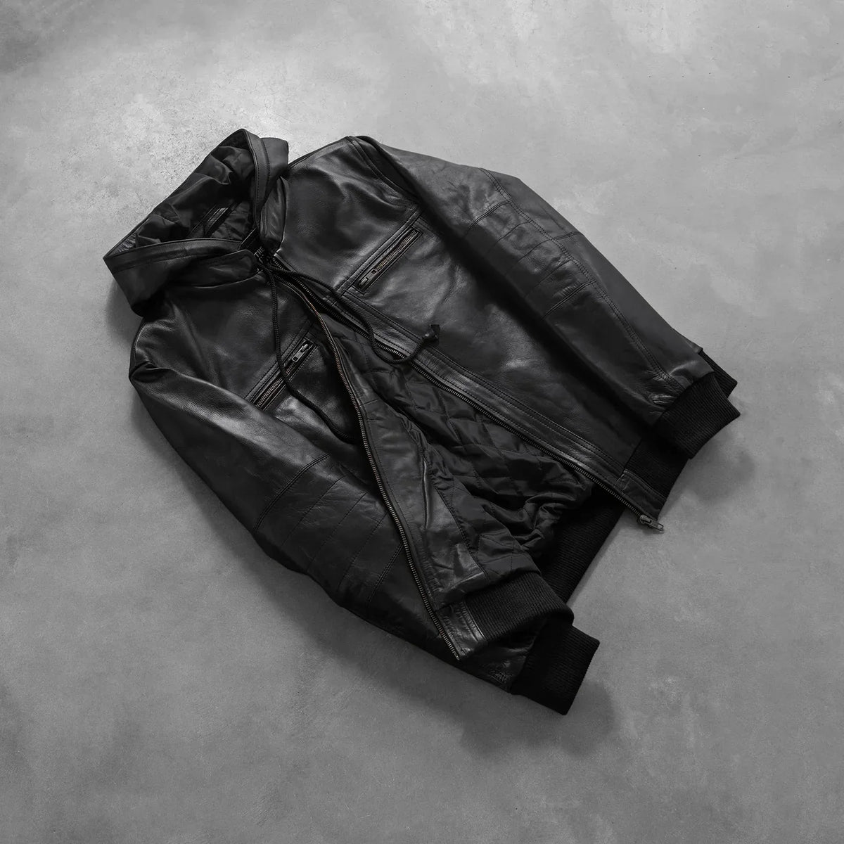 Bouncer Biz Black Leather Bomber Jacket - men's jacket in black cowhide leather, view 8