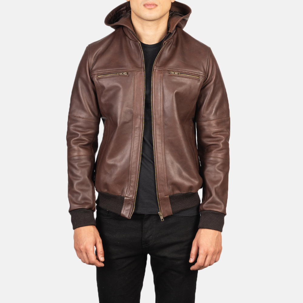 Bouncer Biz Brown Leather Bomber Jacket - men's jacket in brown cowhide leather, view 1