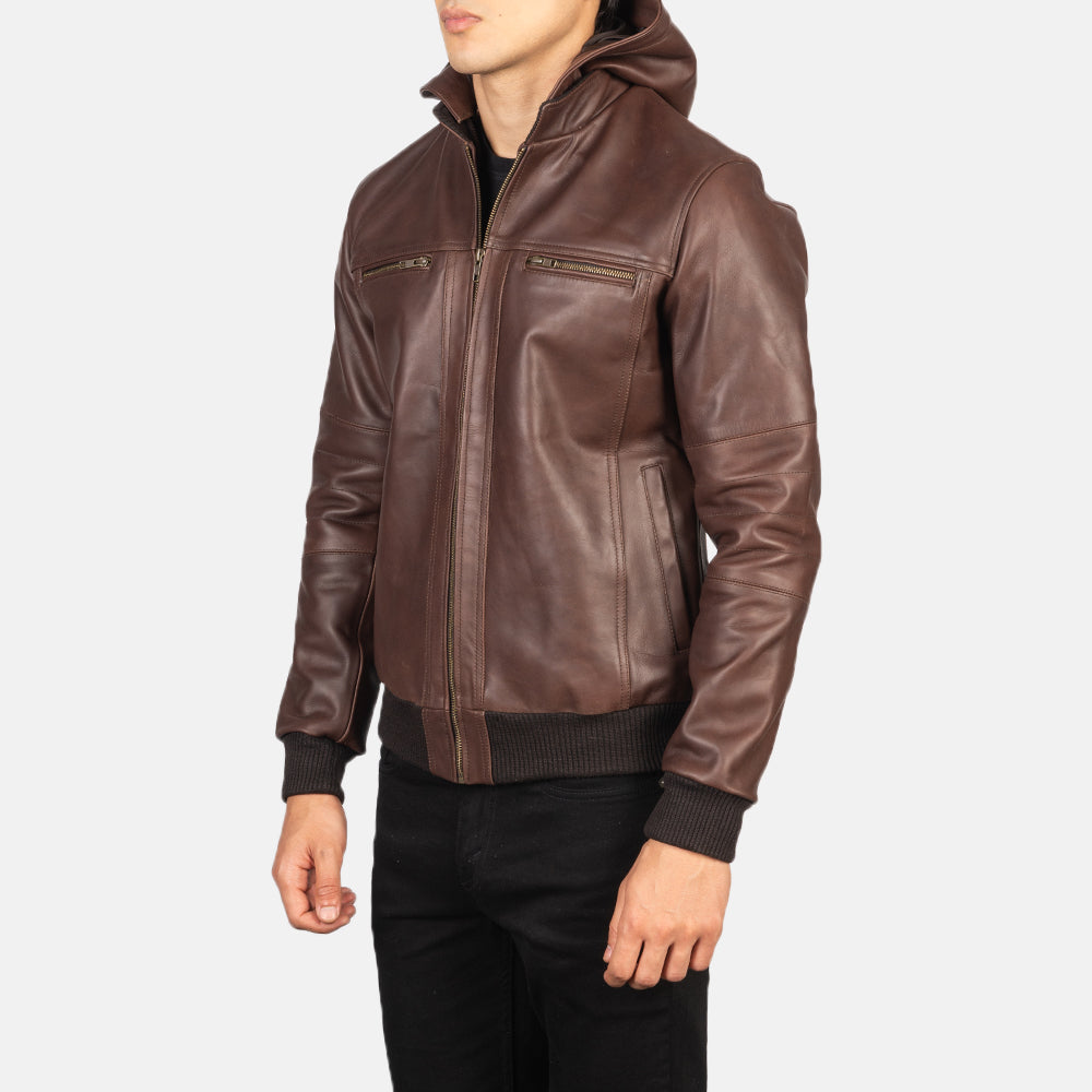 Bouncer Biz Brown Leather Bomber Jacket - men's jacket in brown cowhide leather, view 2