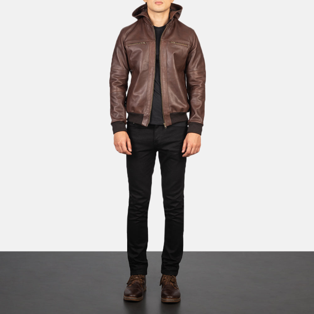 Bouncer Biz Brown Leather Bomber Jacket - men's jacket in brown cowhide leather, view 3