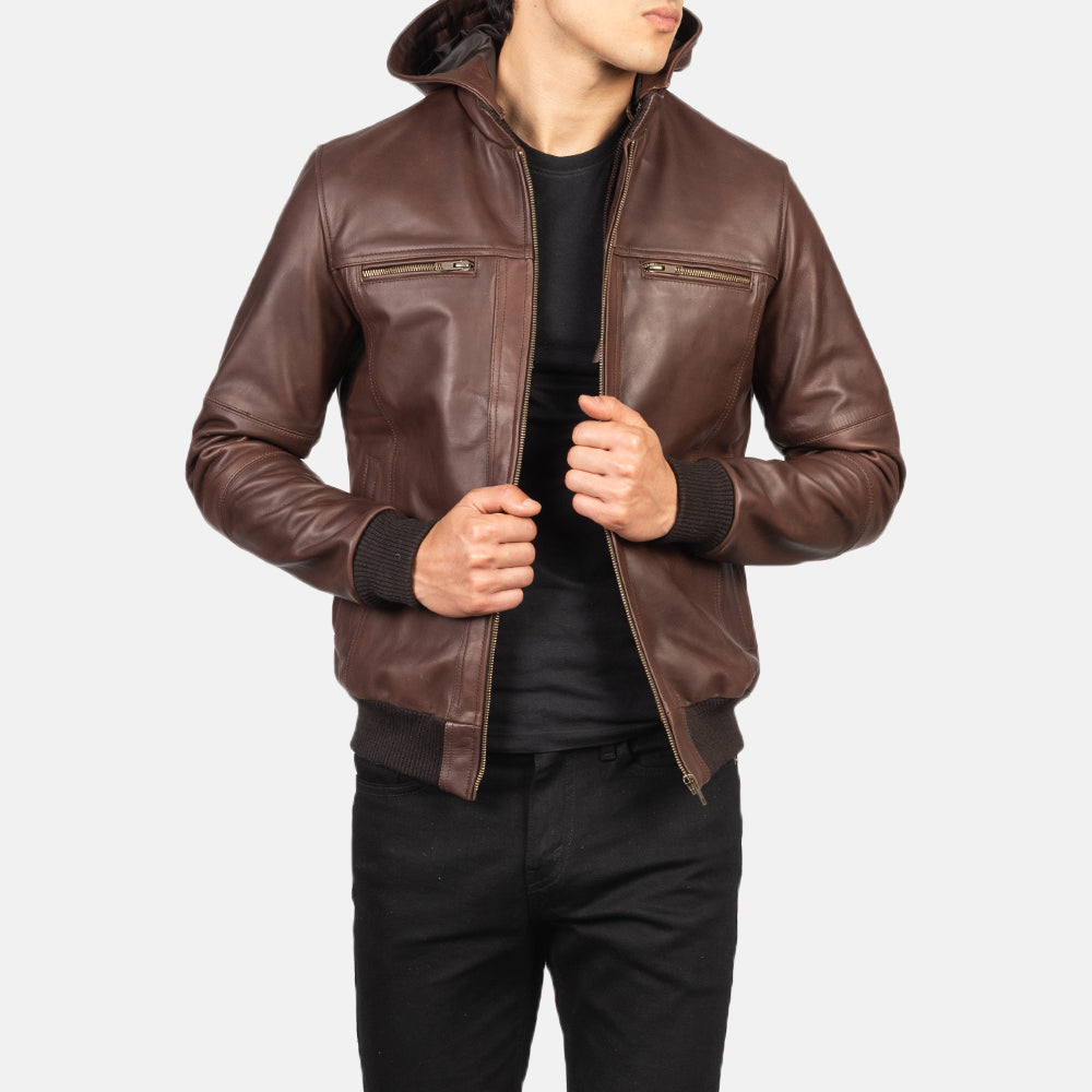 Bouncer Biz Brown Leather Bomber Jacket - men's jacket in brown cowhide leather, view 4