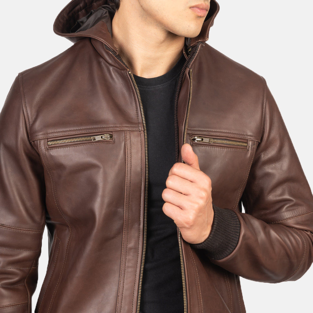 Bouncer Biz Brown Leather Bomber Jacket - men's jacket in brown cowhide leather, view 6