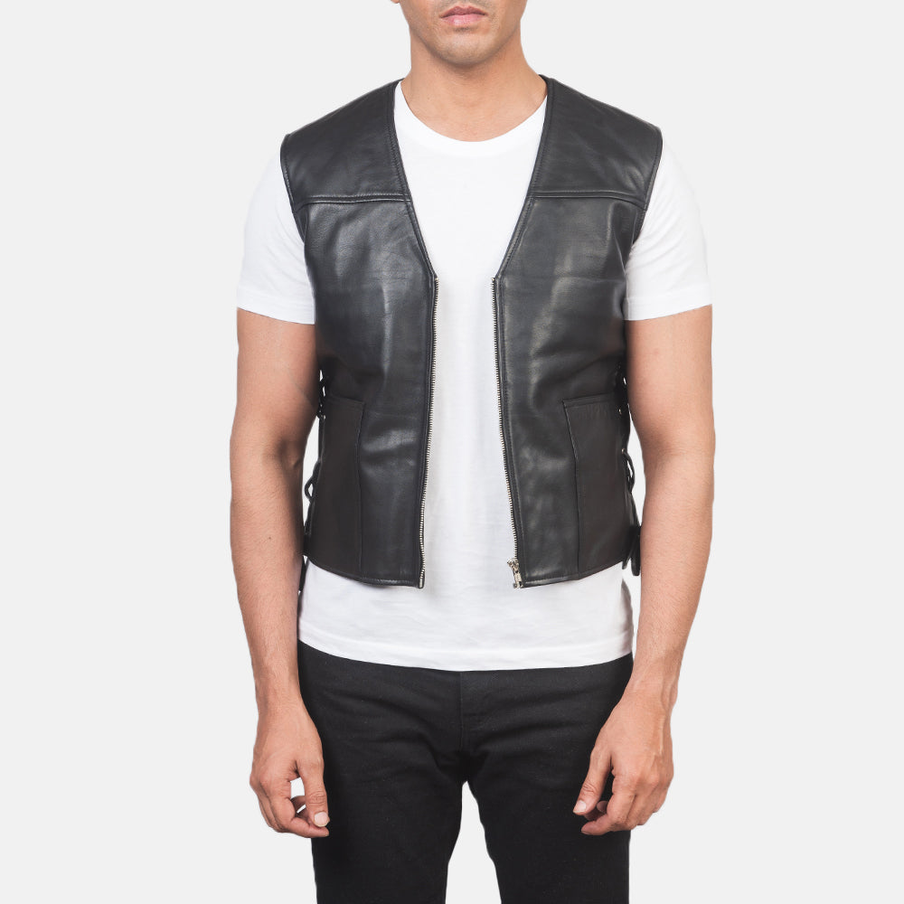 Brandon Black Leather Vest - men's vest in black sheepskin leather, view 1