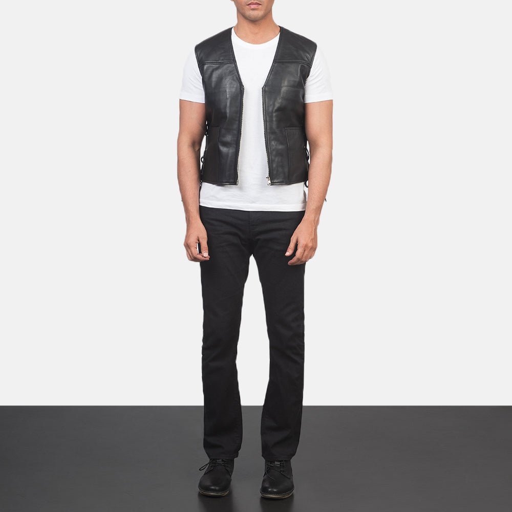 Brandon Black Leather Vest - men's vest in black sheepskin leather, view 3
