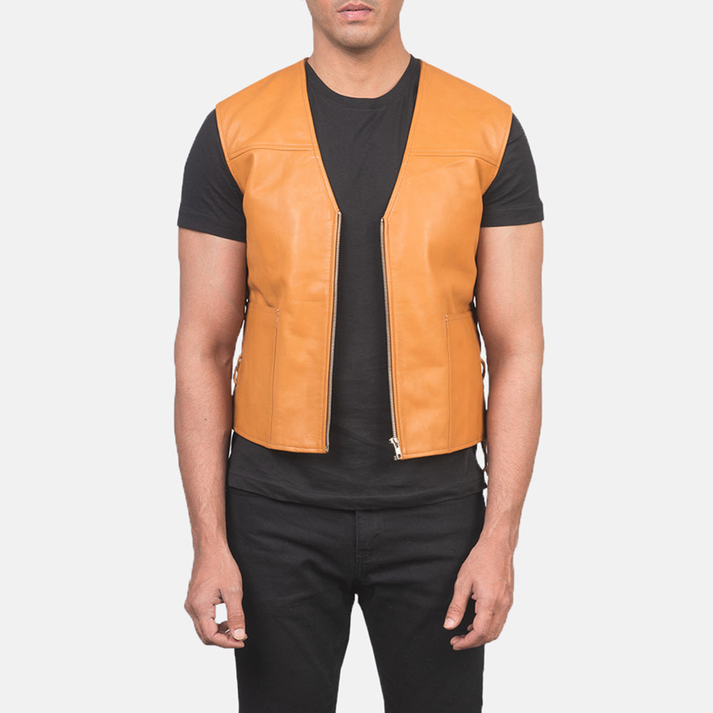 Brandon Tan Brown Leather Vest - men's vest in tan brown sheepskin leather, view 1