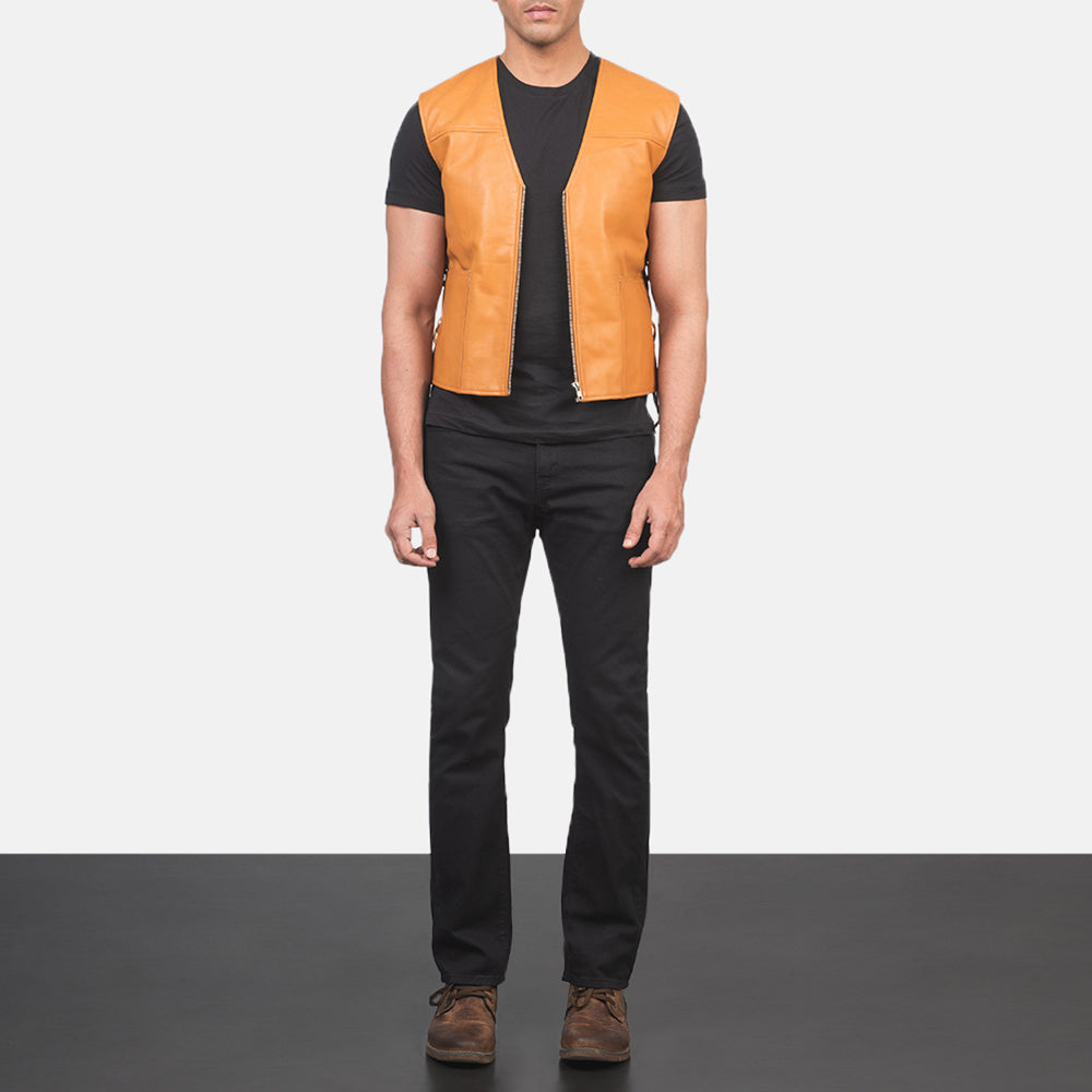 Brandon Tan Brown Leather Vest - men's vest in tan brown sheepskin leather, view 3