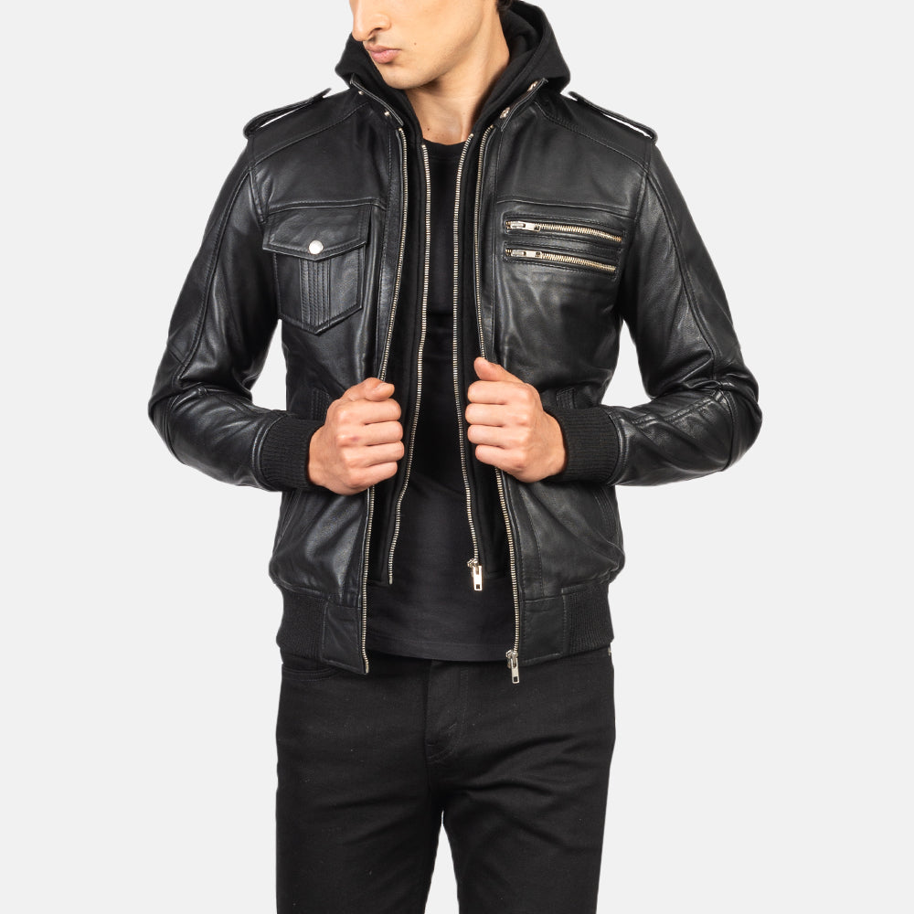 Bravado Black Hooded Leather Bomber Jacket - men's jacket in black sheepskin leather, view 1