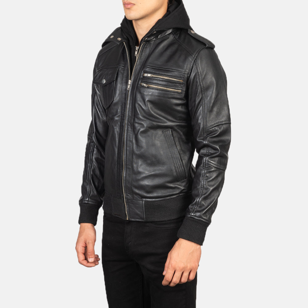 Bravado Black Hooded Leather Bomber Jacket - men's jacket in black sheepskin leather, view 2