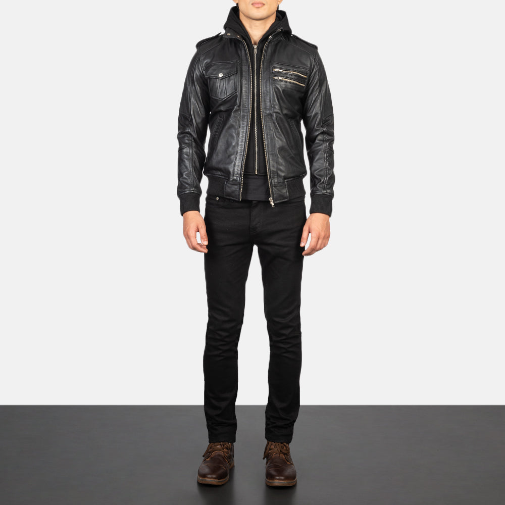 Bravado Black Hooded Leather Bomber Jacket - men's jacket in black sheepskin leather, view 3