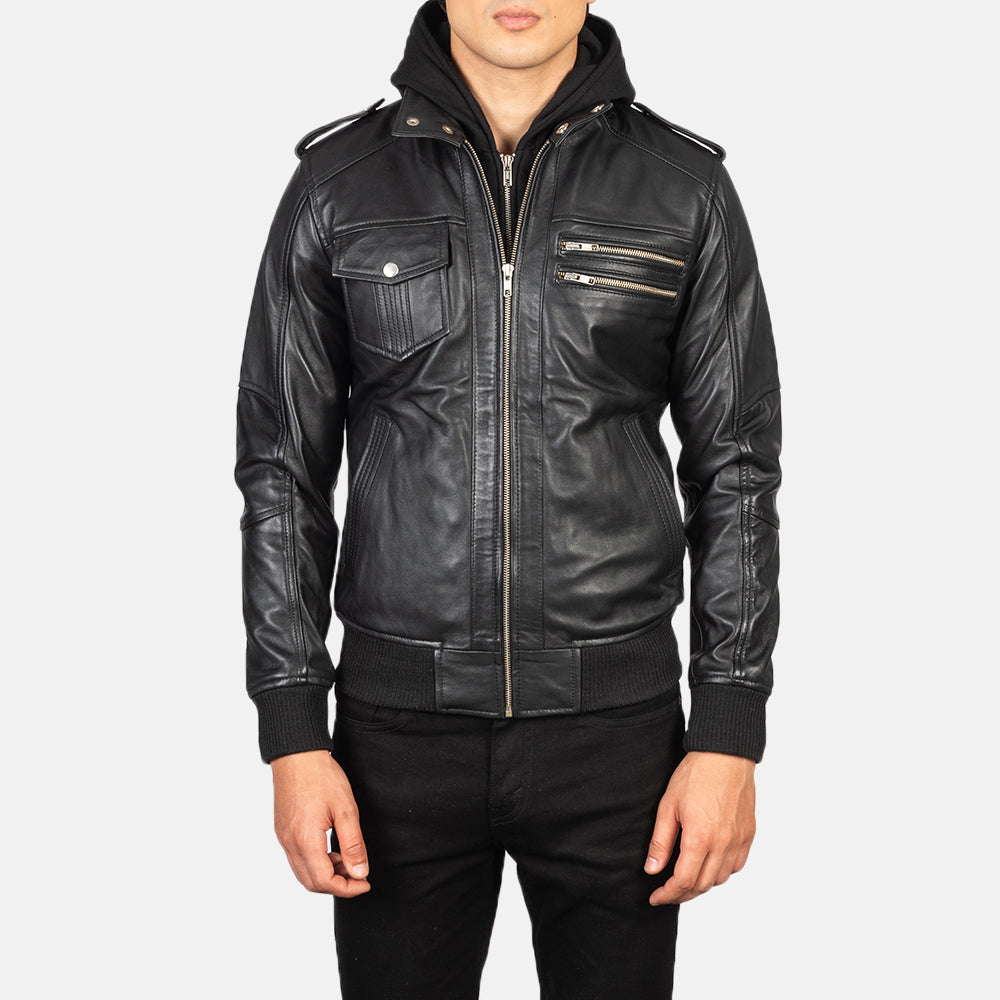 Bravado Black Hooded Leather Bomber Jacket - men's jacket in black sheepskin leather, view 4
