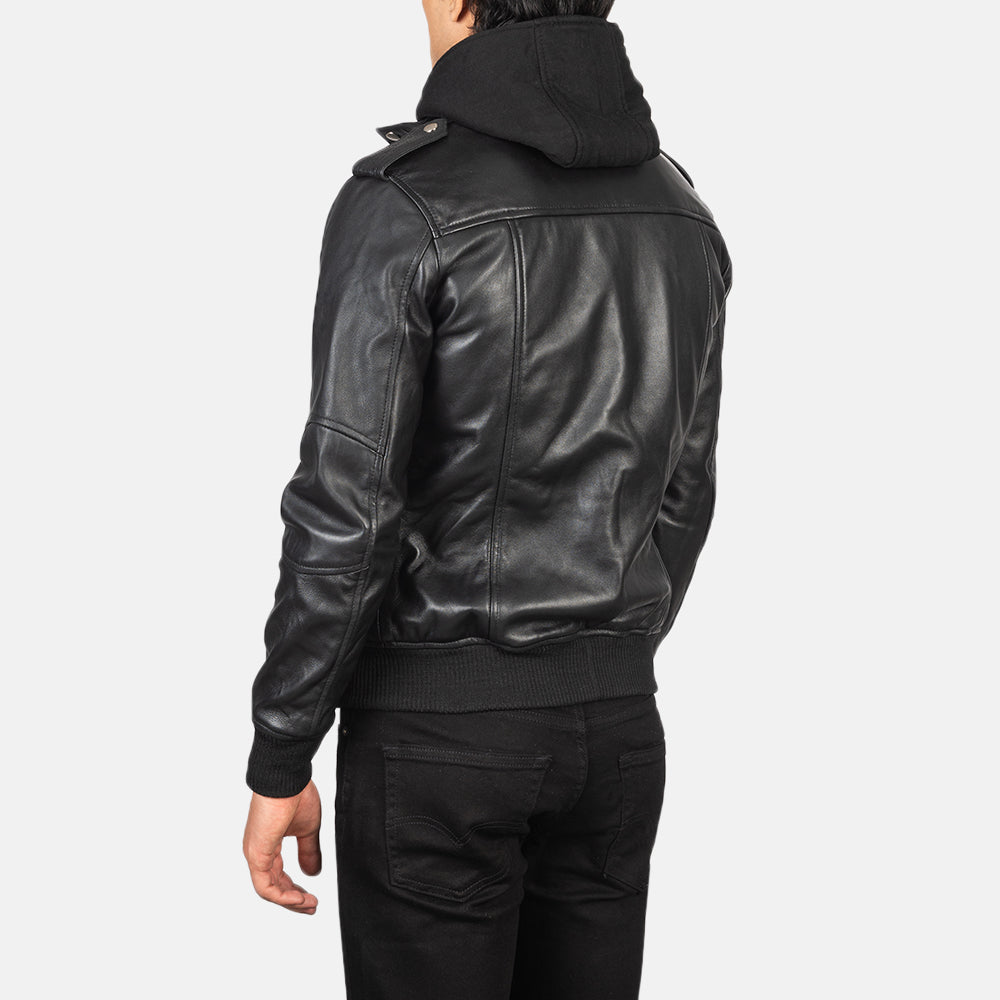 Bravado Black Hooded Leather Bomber Jacket - men's jacket in black sheepskin leather, view 5