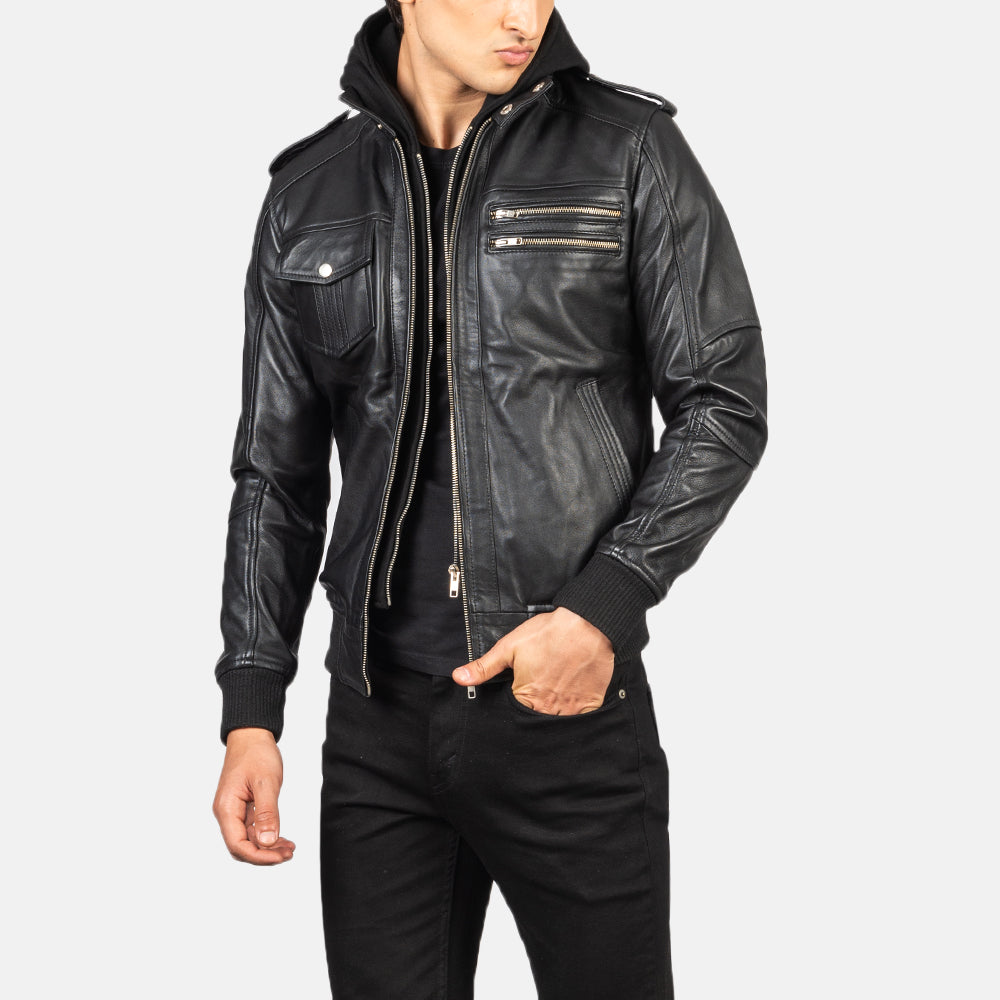 Bravado Black Hooded Leather Bomber Jacket - men's jacket in black sheepskin leather, view 6