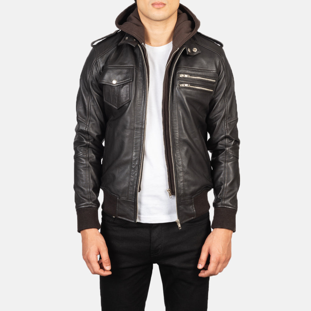 Bravado Brown Hooded Leather Bomber Jacket - men's jacket in brown sheepskin leather, view 1