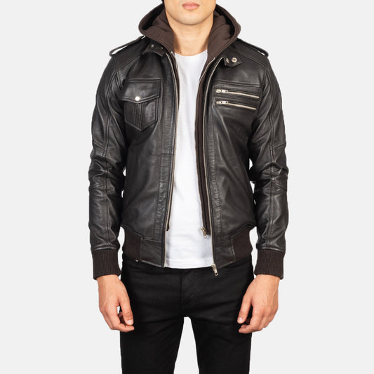 Bravado Brown Hooded Leather Bomber Jacket - men's jacket in brown sheepskin leather, view 1
