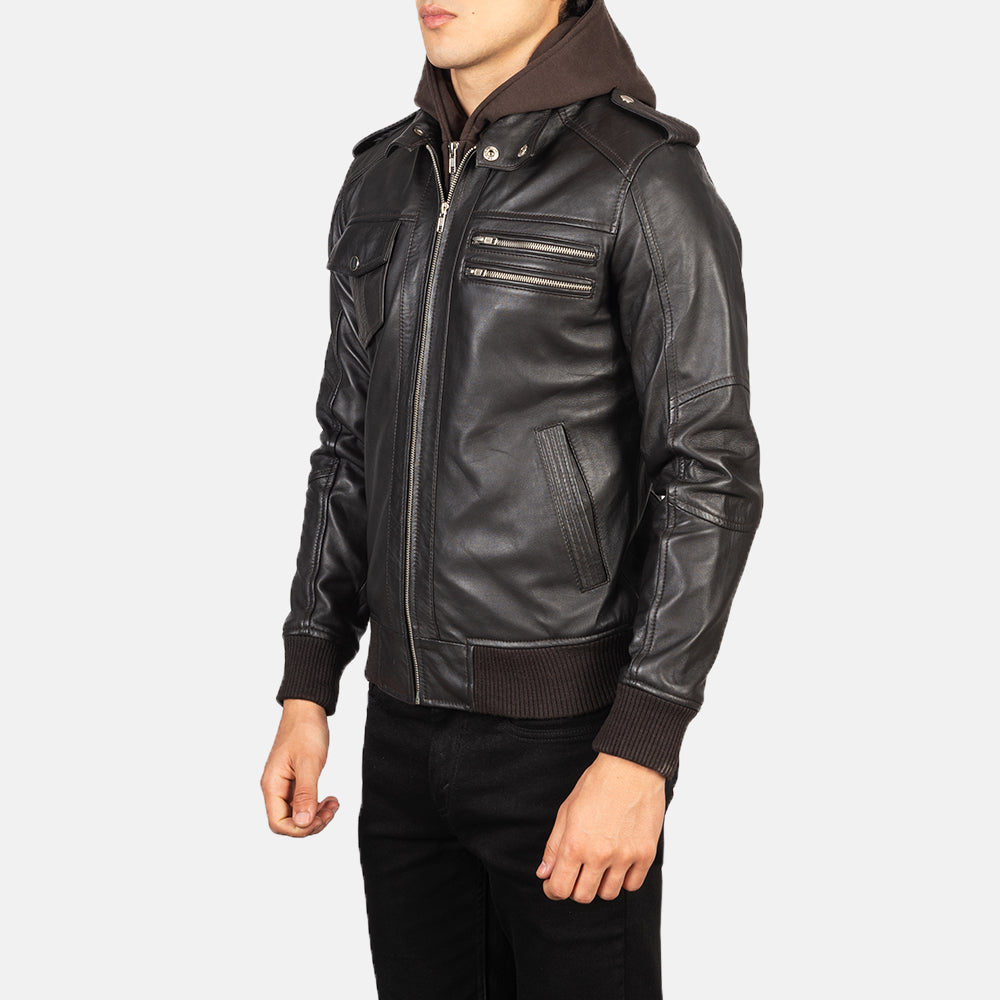 Bravado Brown Hooded Leather Bomber Jacket - men's jacket in brown sheepskin leather, view 2