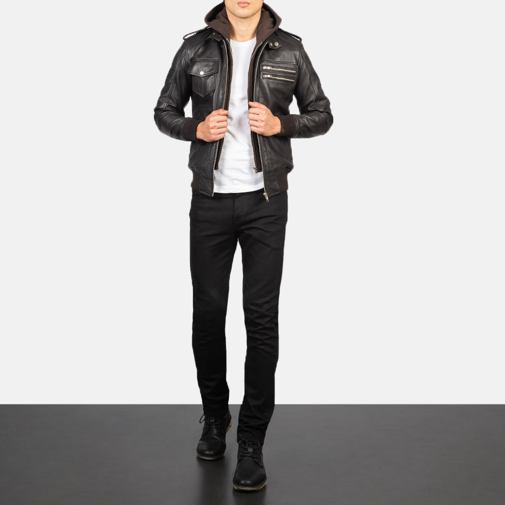 Bravado Brown Hooded Leather Bomber Jacket - men's jacket in brown sheepskin leather, view 3