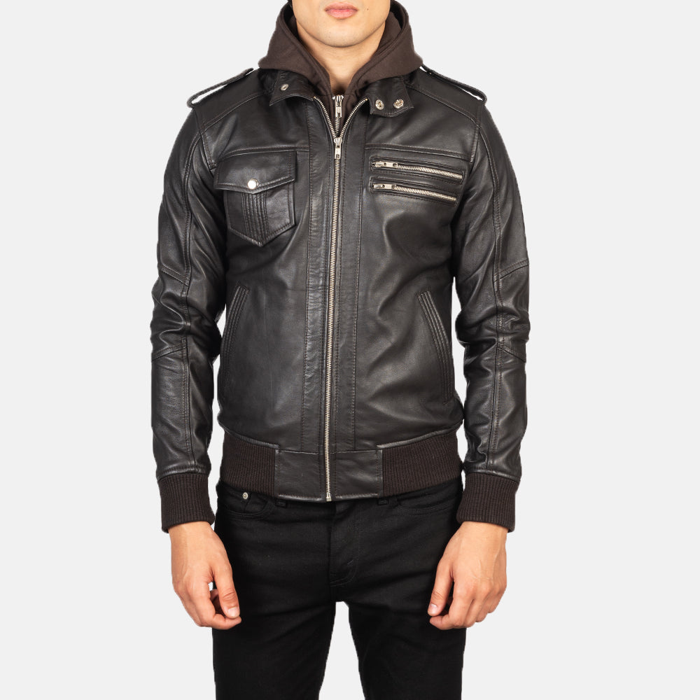 Bravado Brown Hooded Leather Bomber Jacket - men's jacket in brown sheepskin leather, view 4