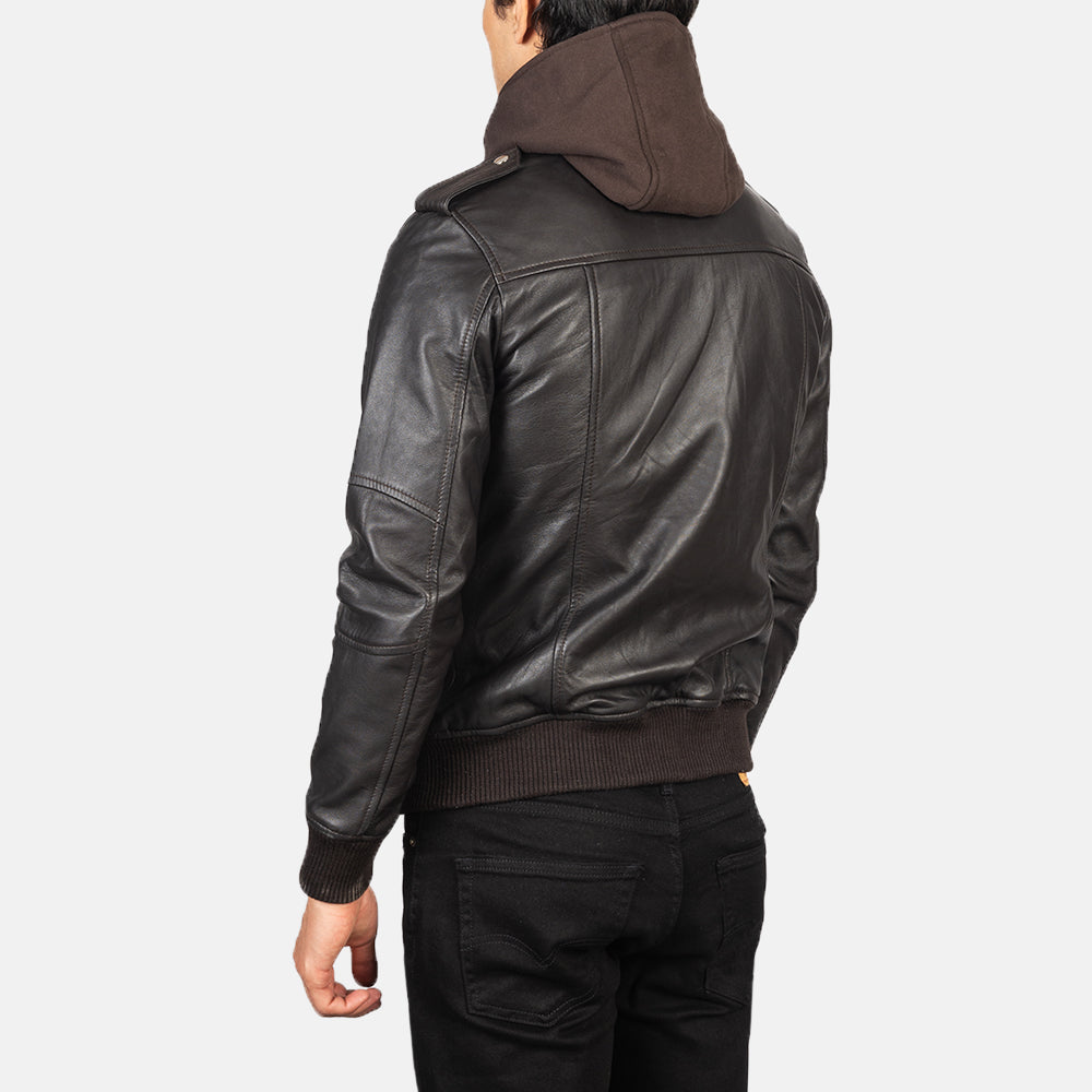 Bravado Brown Hooded Leather Bomber Jacket - men's jacket in brown sheepskin leather, view 5