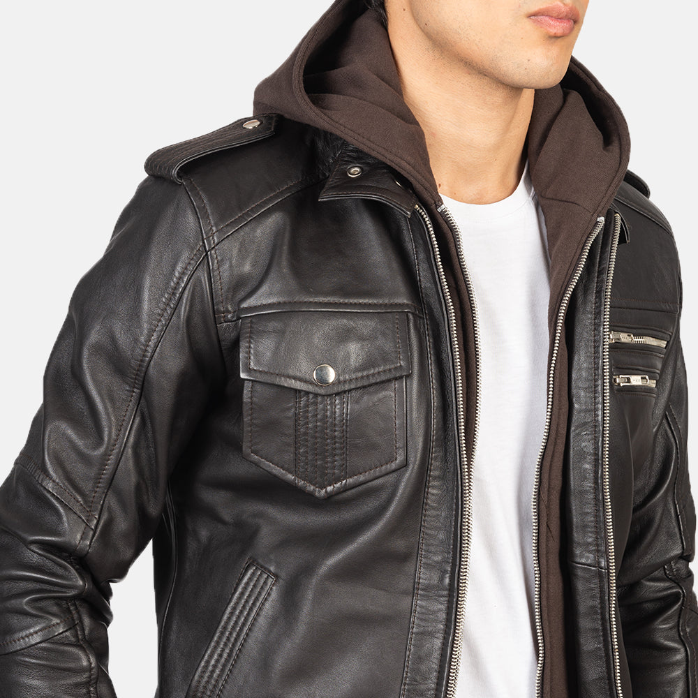 Bravado Brown Hooded Leather Bomber Jacket - men's jacket in brown sheepskin leather, view 6