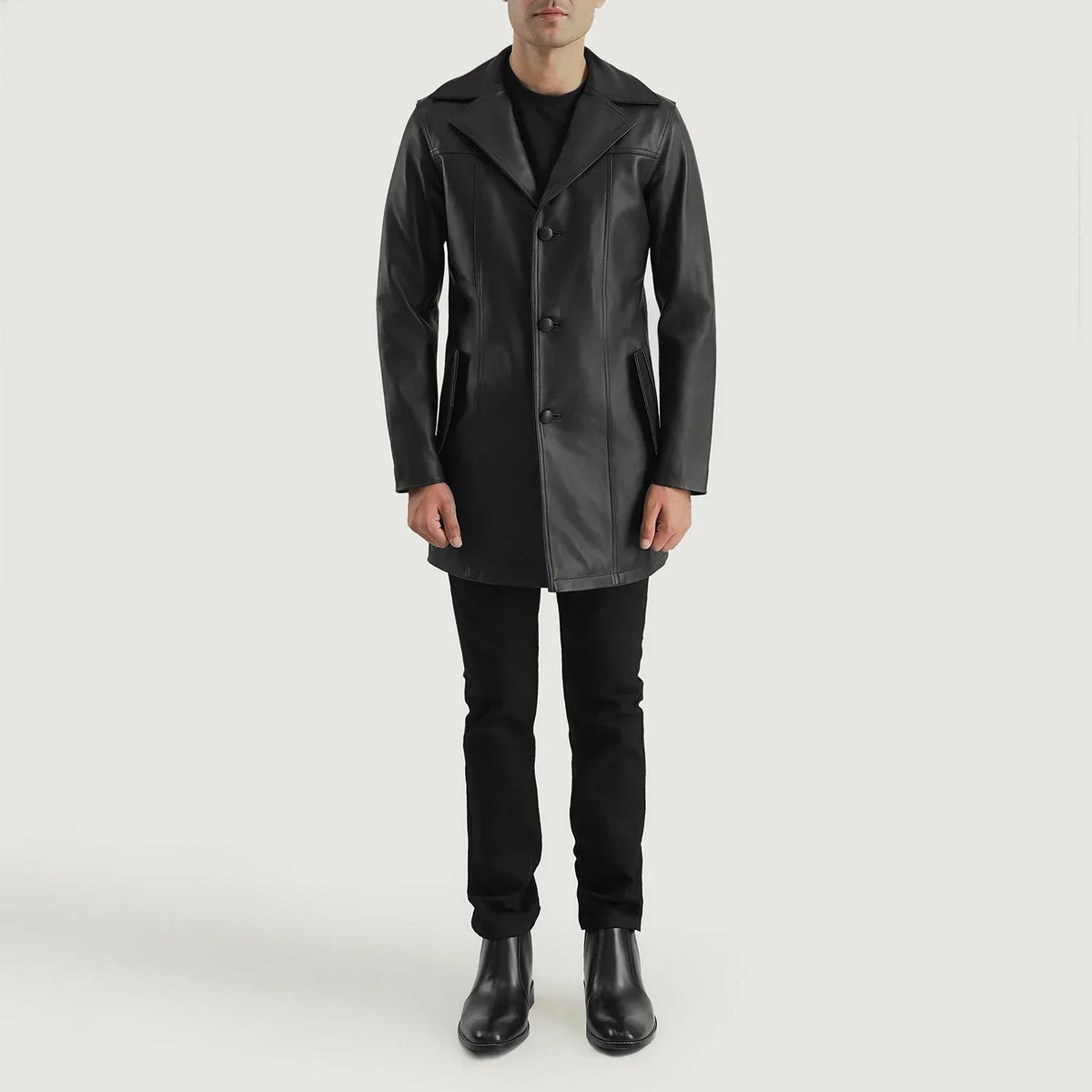 Brawnton Black Leather Coat - men's coat in black cowhide leather, view 3