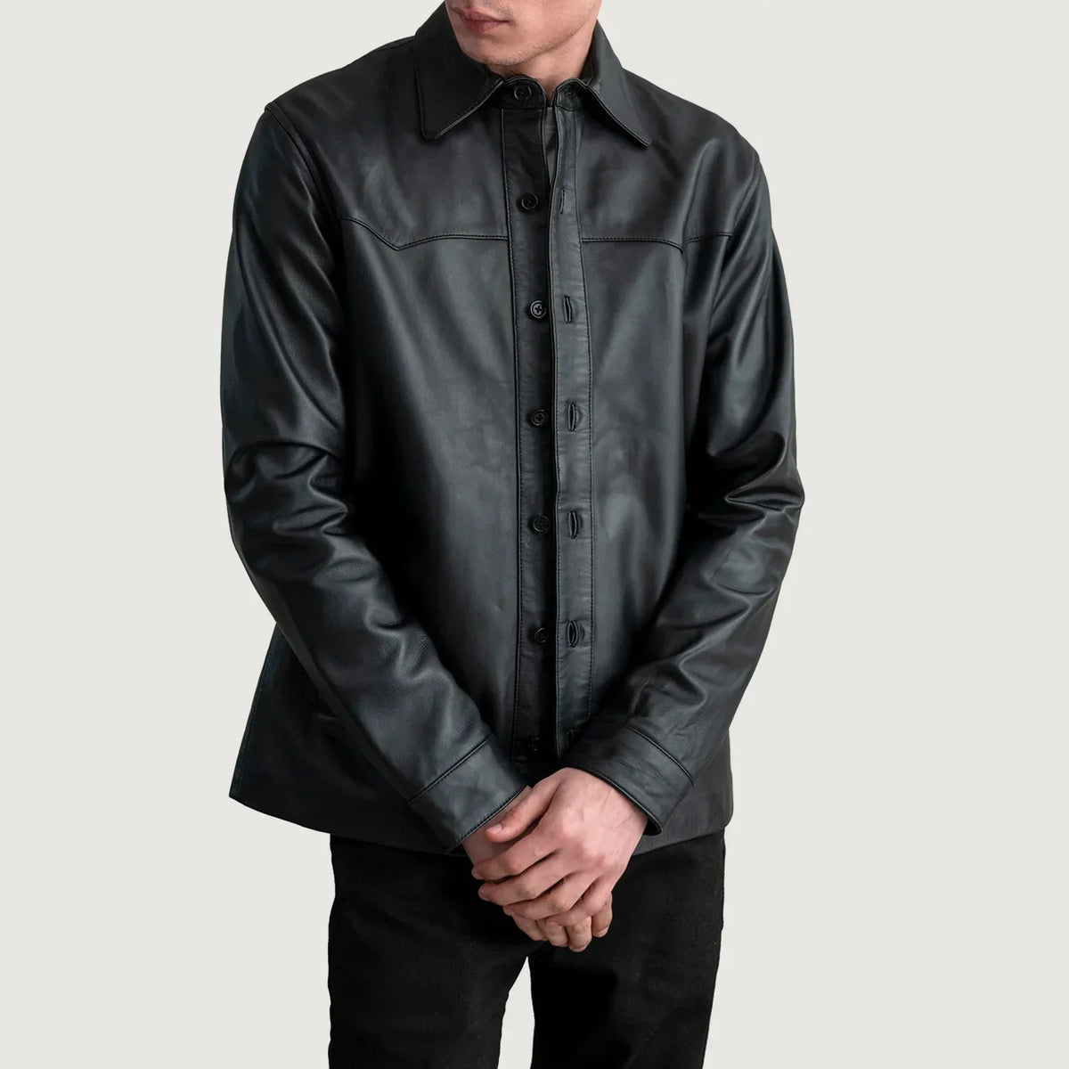 Bronco Black Leather Shirt - men's shirt in black premium leather, view 1