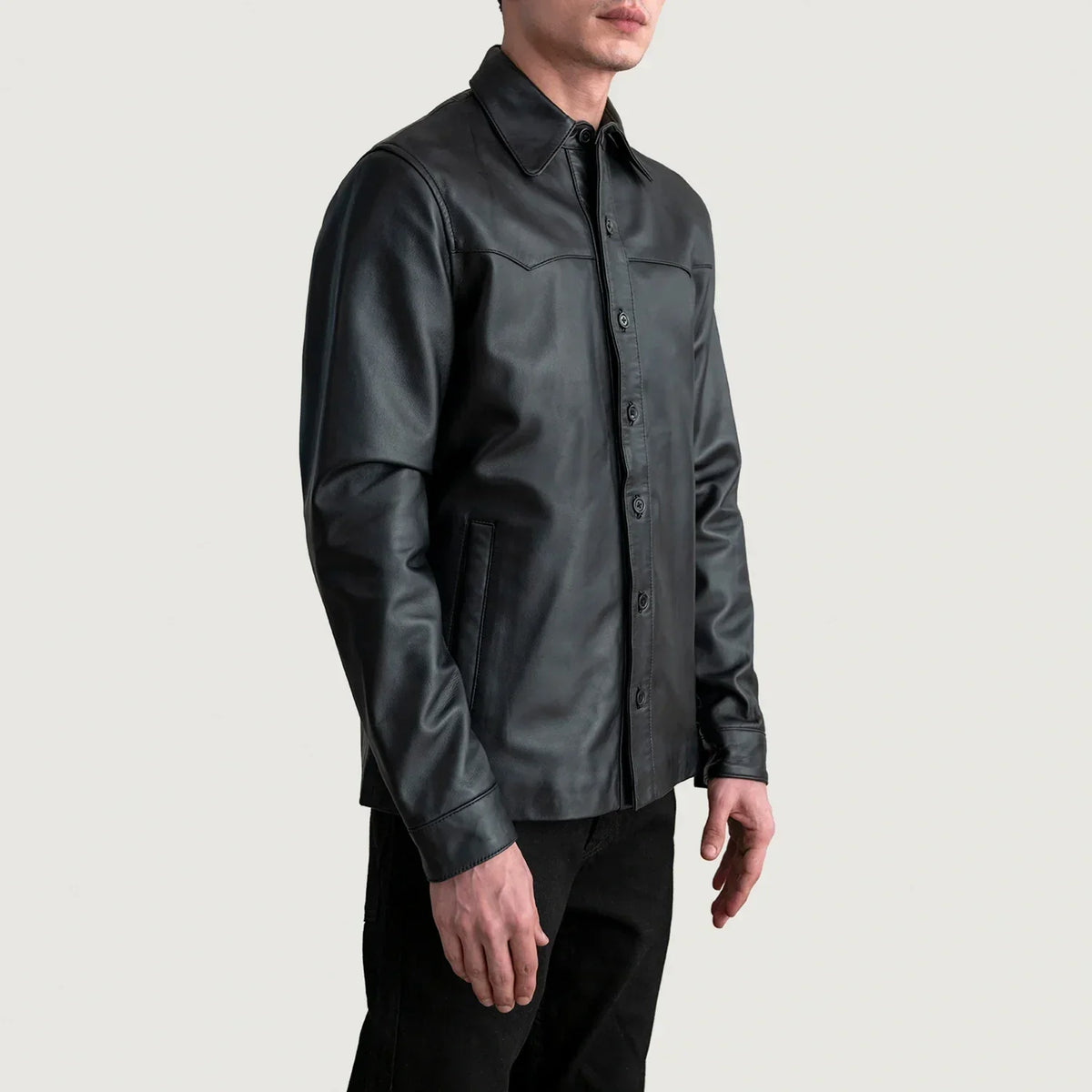 Bronco Black Leather Shirt - men's shirt in black premium leather, view 2