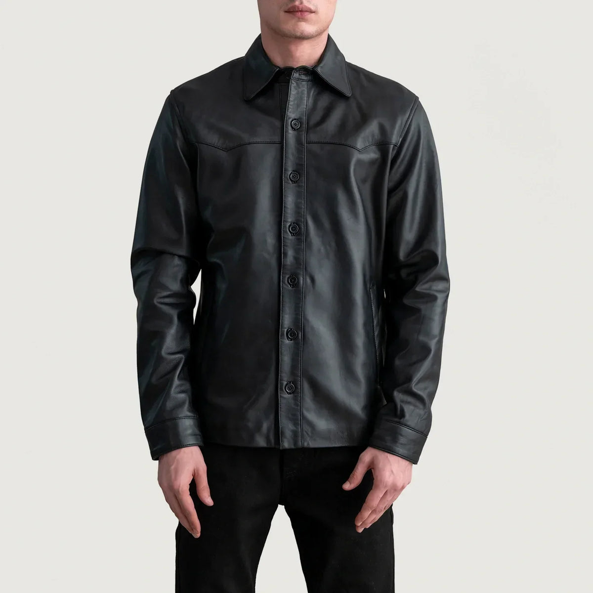 Bronco Black Leather Shirt - men's shirt in black premium leather, view 3