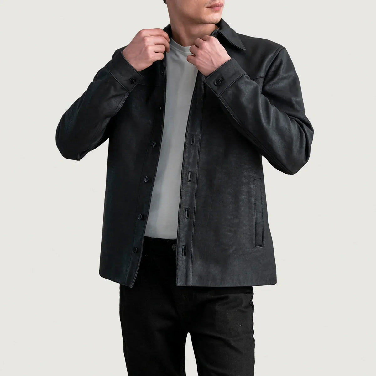 Bronco Tumbled Black Leather Shirt - men's shirt in black premium leather, view 1