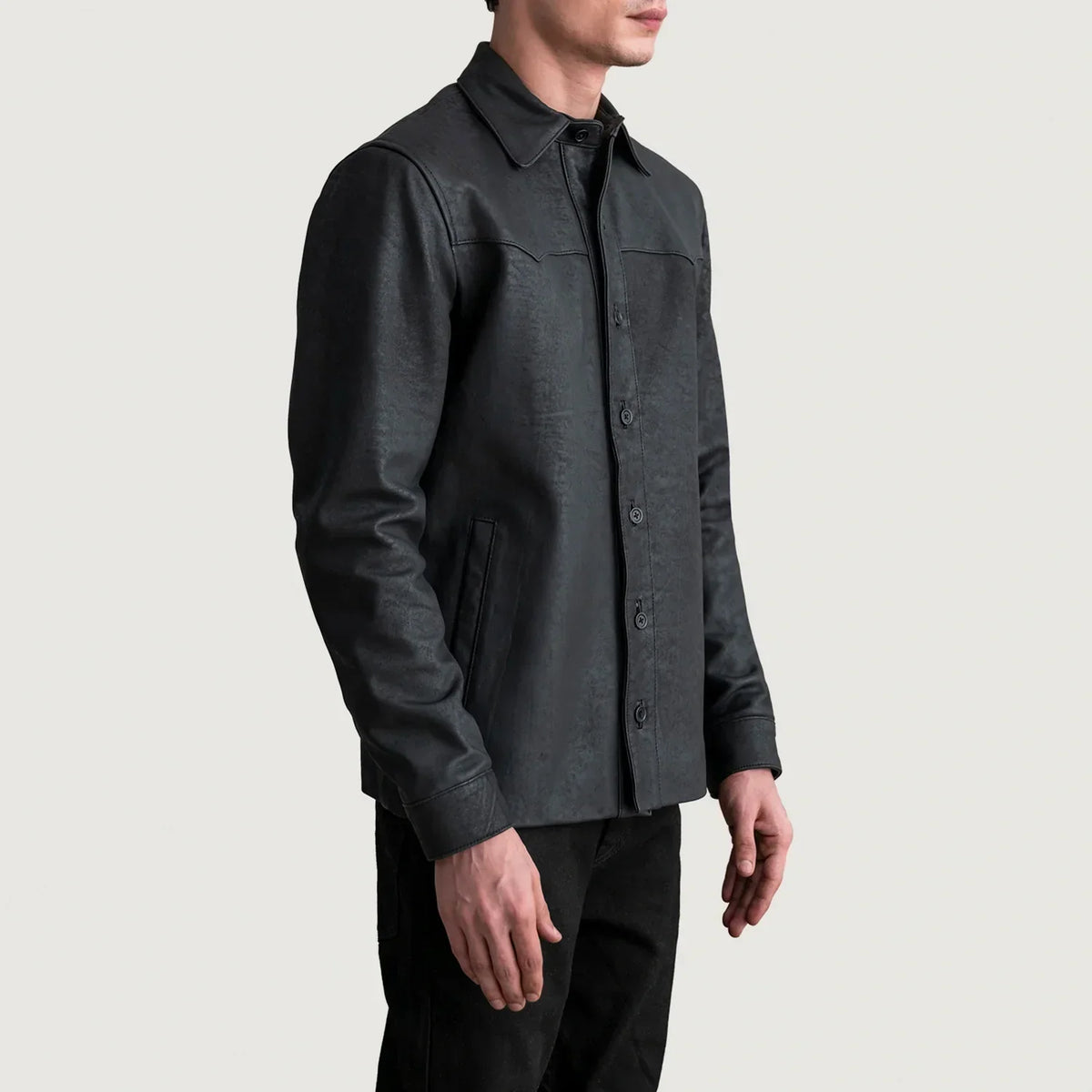 Bronco Tumbled Black Leather Shirt - men's shirt in black premium leather, view 2