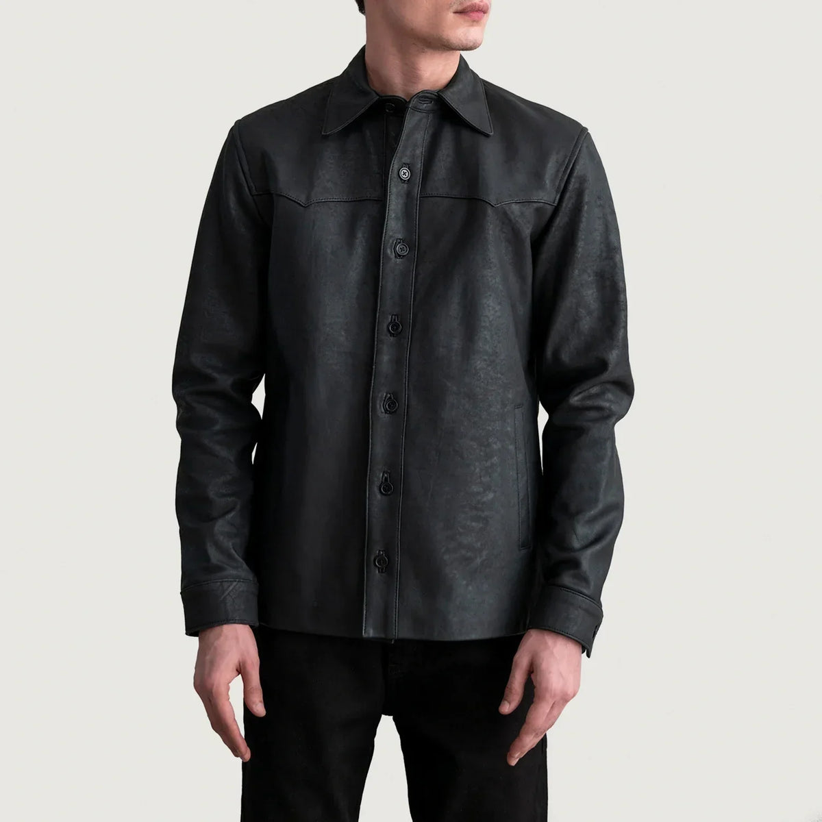 Bronco Tumbled Black Leather Shirt - men's shirt in black premium leather, view 3