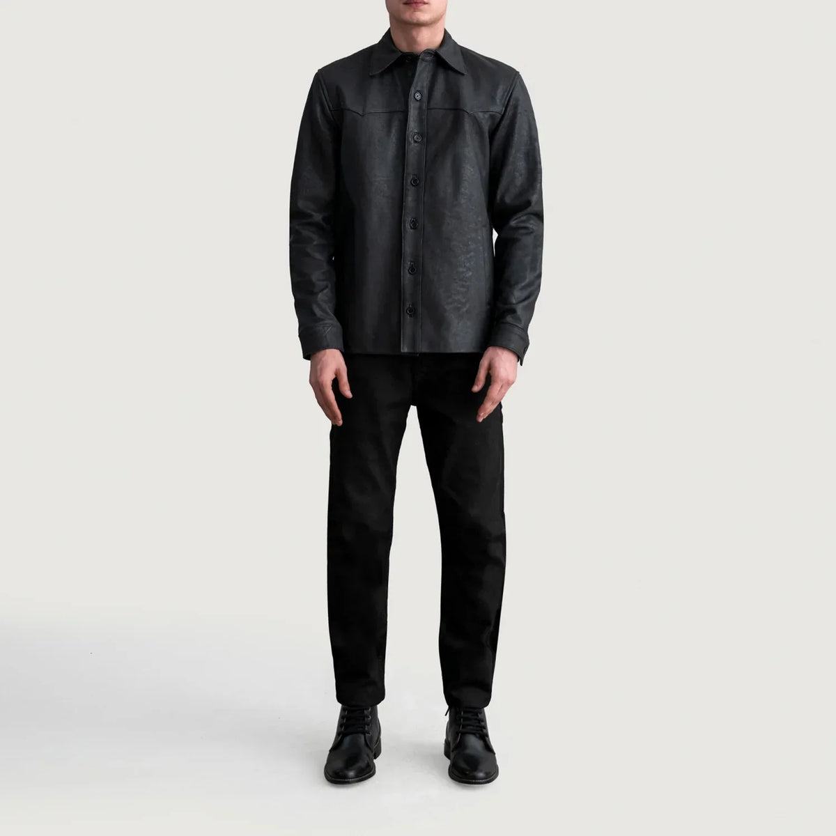 Bronco Tumbled Black Leather Shirt - men's shirt in black premium leather, view 4