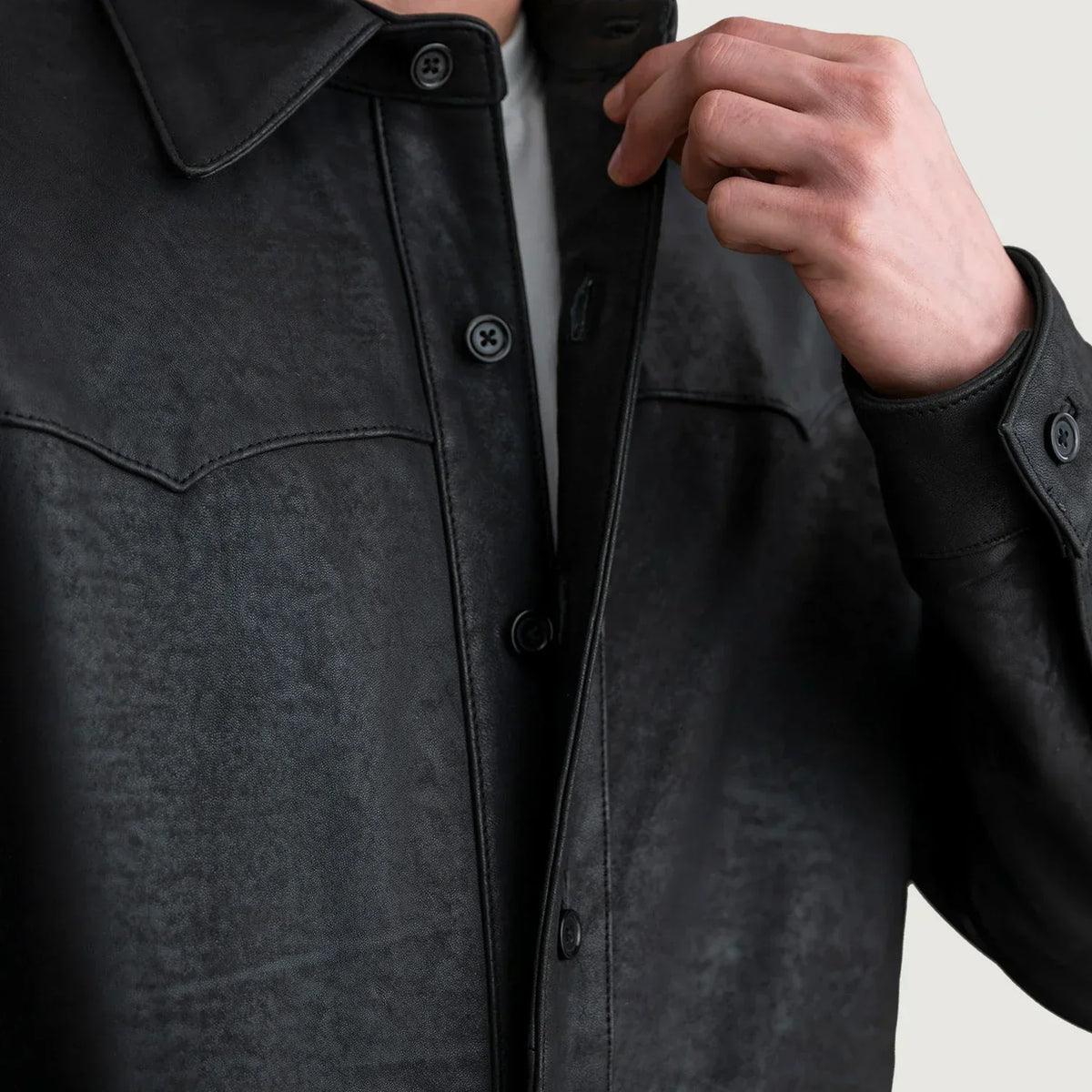 Bronco Tumbled Black Leather Shirt - men's shirt in black premium leather, view 5