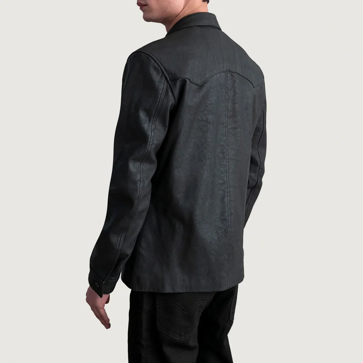 Bronco Tumbled Black Leather Shirt - men's shirt in black premium leather, view 6