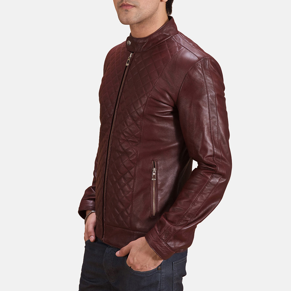 Burgunn Dee Maroon Leather Biker Jacket - men's jacket in maroon sheepskin leather, view 2