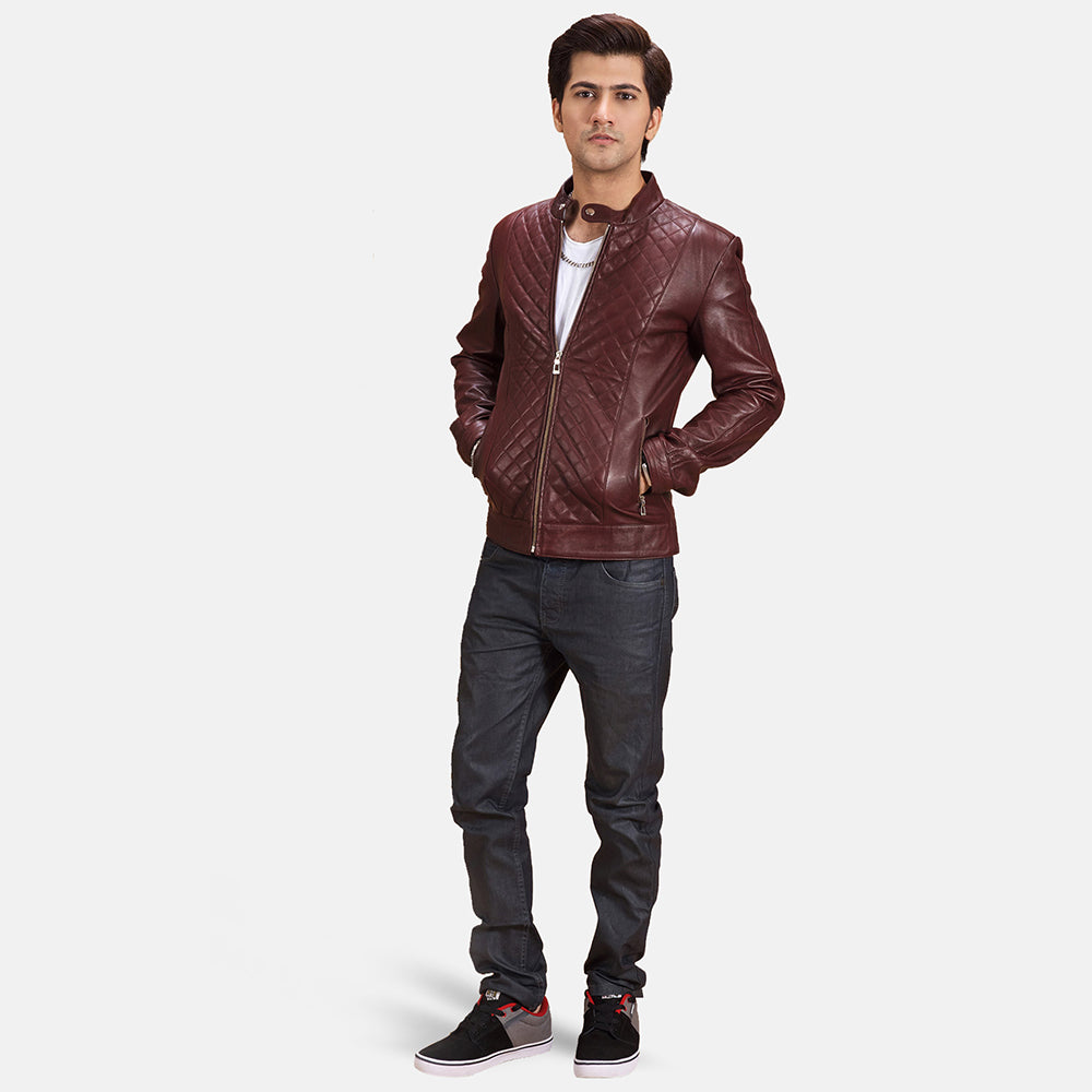 Burgunn Dee Maroon Leather Biker Jacket - men's jacket in maroon sheepskin leather, view 3
