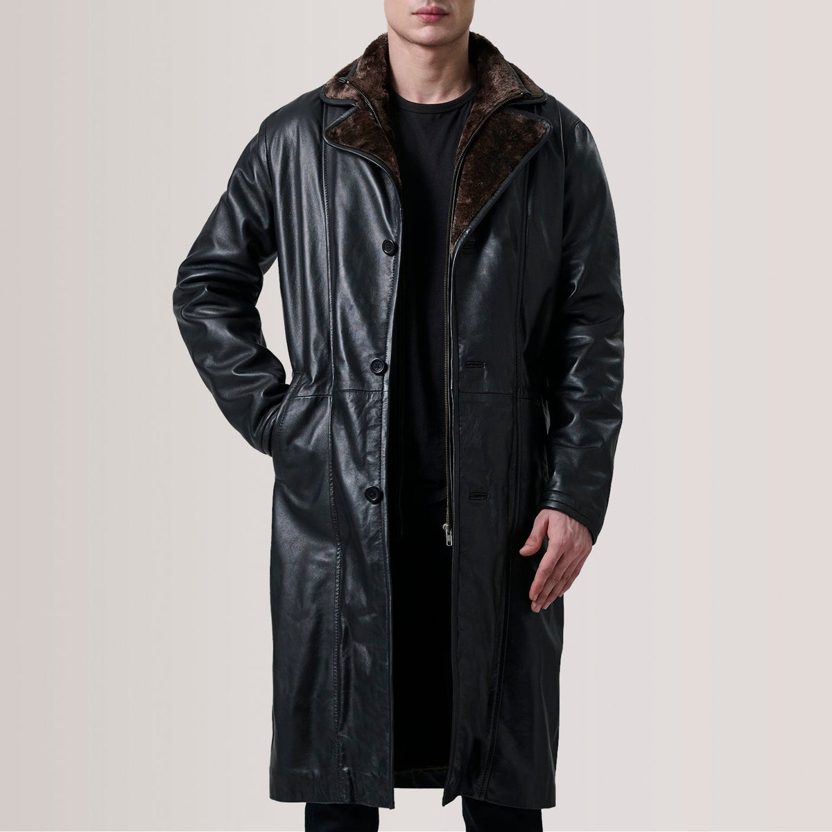 Cai Black Leather Shearling Coat - men's coat in black leather, view 1