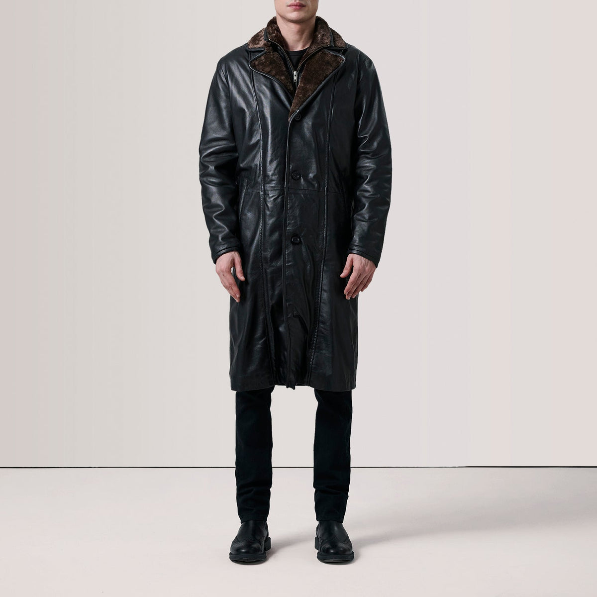 Cai Black Leather Shearling Coat - men's coat in black leather, view 2