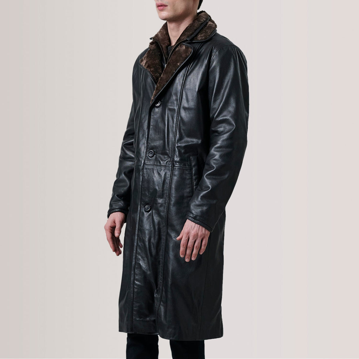 Cai Black Leather Shearling Coat - men's coat in black leather, view 3