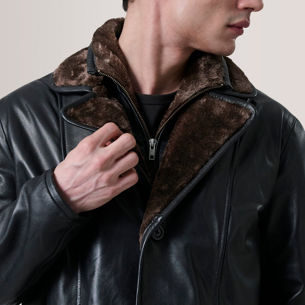 Cai Black Leather Shearling Coat - men's coat in black leather, view 5