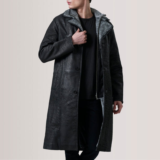Cai Distressed Black Leather Shearling Coat - men's coat in black leather, view 1