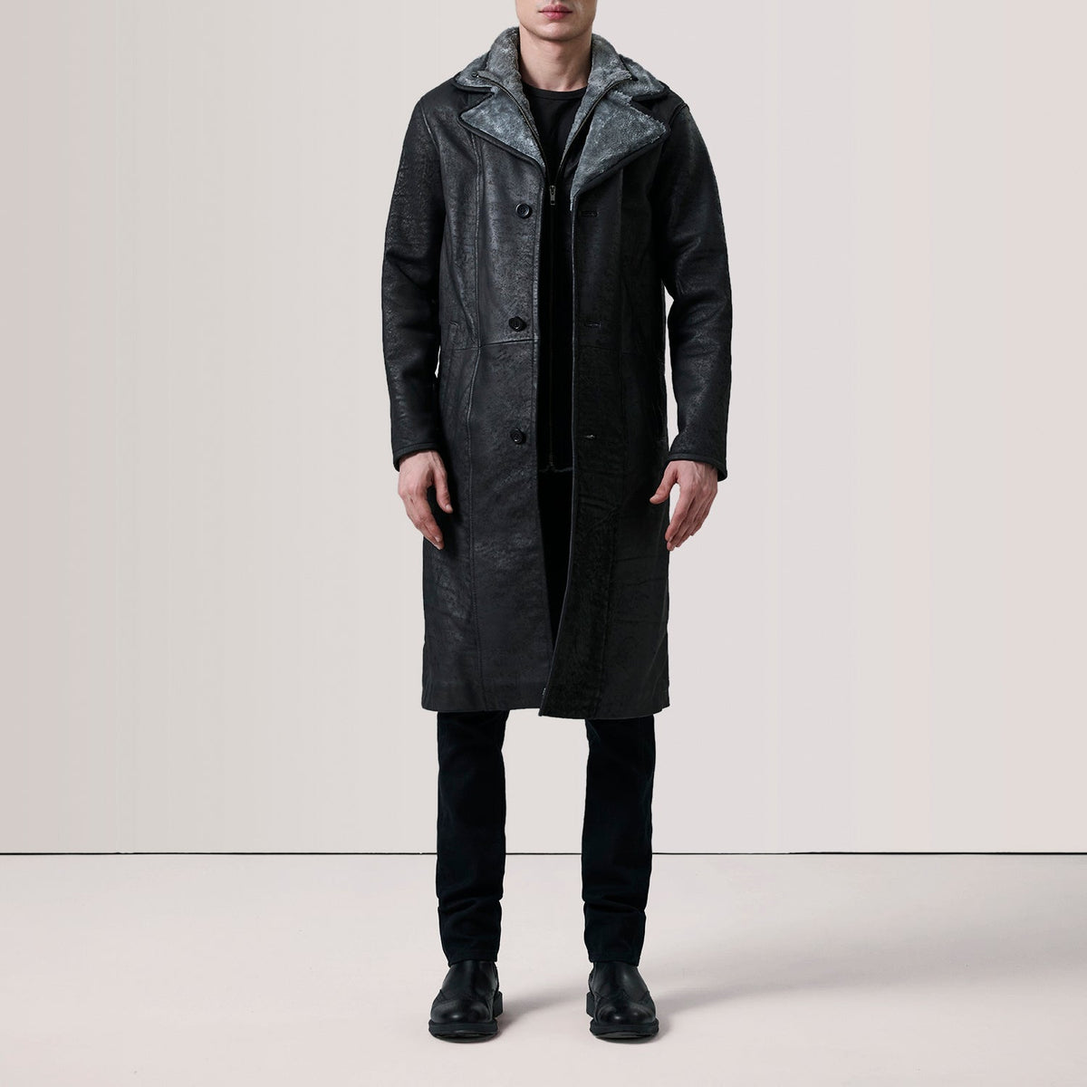 Cai Distressed Black Leather Shearling Coat - men's coat in black leather, view 2