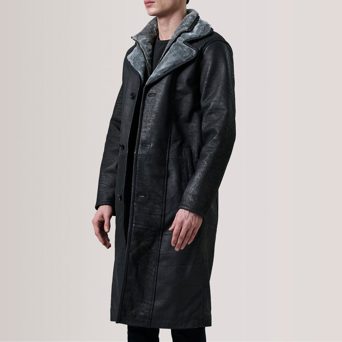 Cai Distressed Black Leather Shearling Coat - men's coat in black leather, view 3