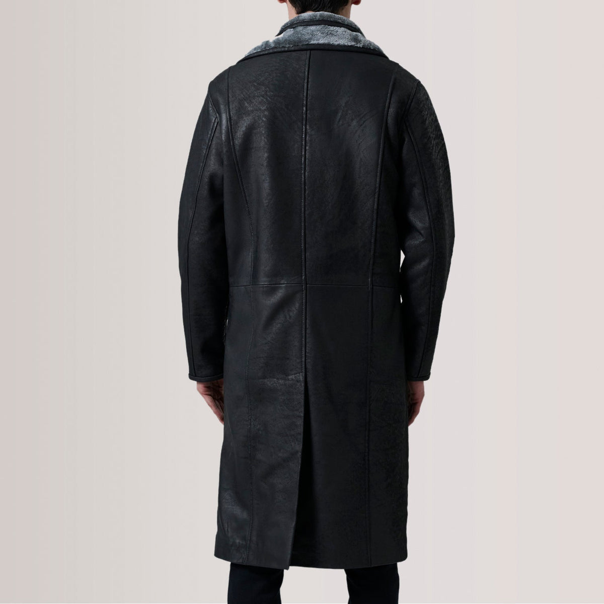 Cai Distressed Black Leather Shearling Coat - men's coat in black leather, view 4