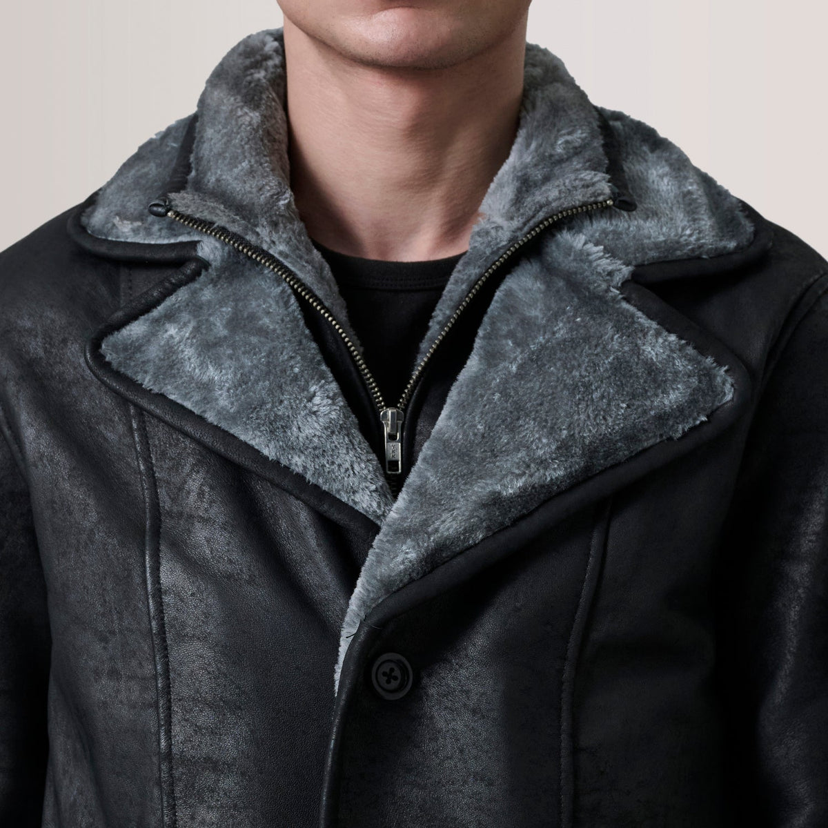 Cai Distressed Black Leather Shearling Coat - men's coat in black leather, view 5